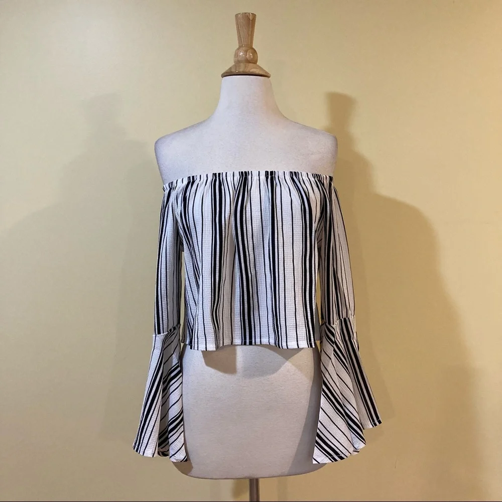 Striped Long Flared Sleeve Off Shoulder Cropped Blouse - Picture 3 of 6